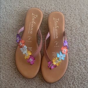 Italiana man made sandals with flowers. Never worn